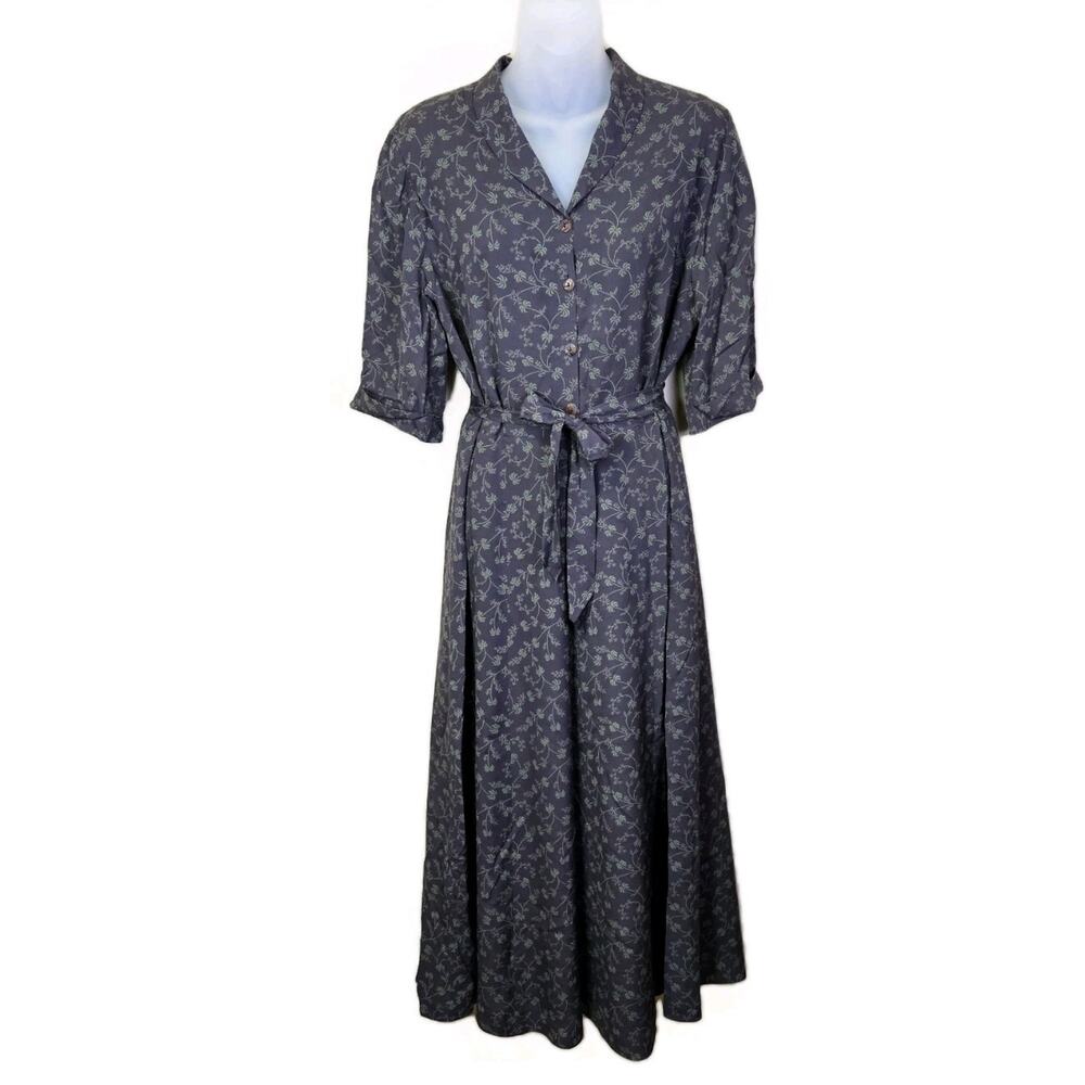 Sundance 100% Silk Floral Maxi Dress Retro Belted Navy Green